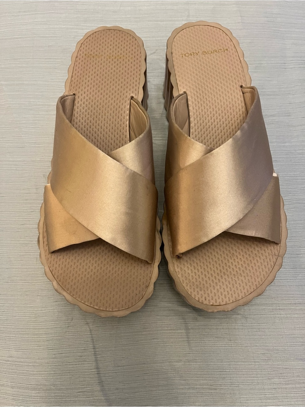 Tory Burch Metallic Rose Gold Cross-Strap Slide Sandals